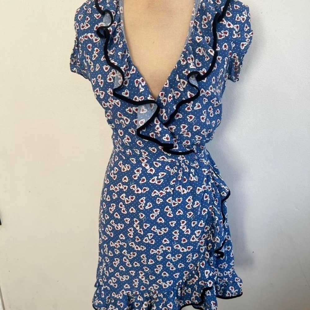 Juicy Couture Blue Heart Polka Dot Ruffle Wrap Mini Dress Size‎ 2